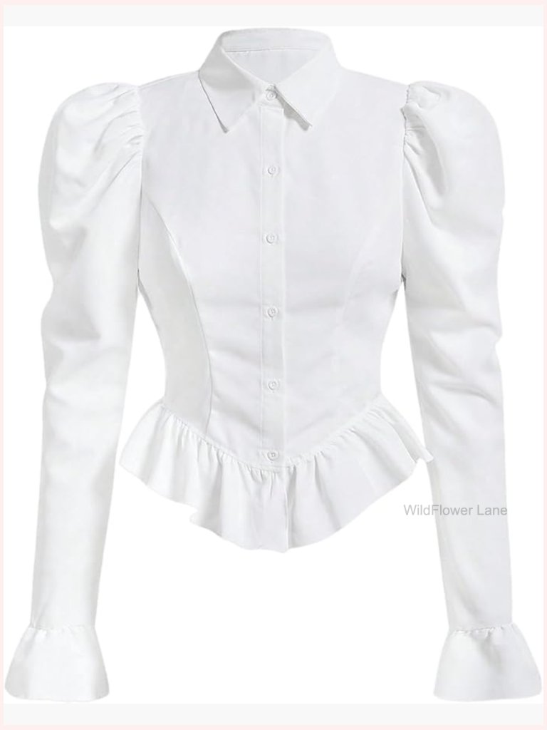 Flare Long Sleeve Button Down Blouse With Ruffle Hem